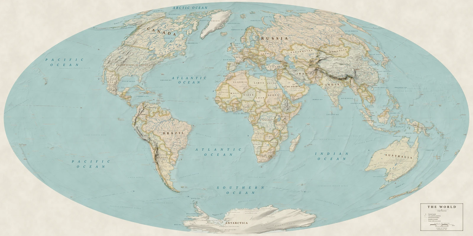 Aitoff projection world map, a balance struck between area, shape and distance, Heirloom style (Antique, hand-coloured look), with all place names in English