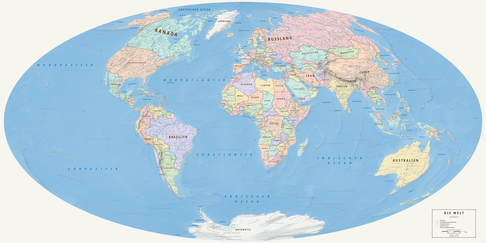 Weltkarte in der Aitoff-Projektion (ein Ausgleich zwischen Fläche, Form und Entfernung), Stil Meridian (moderner Atlas), alle Ortsnamen auf Deutsch