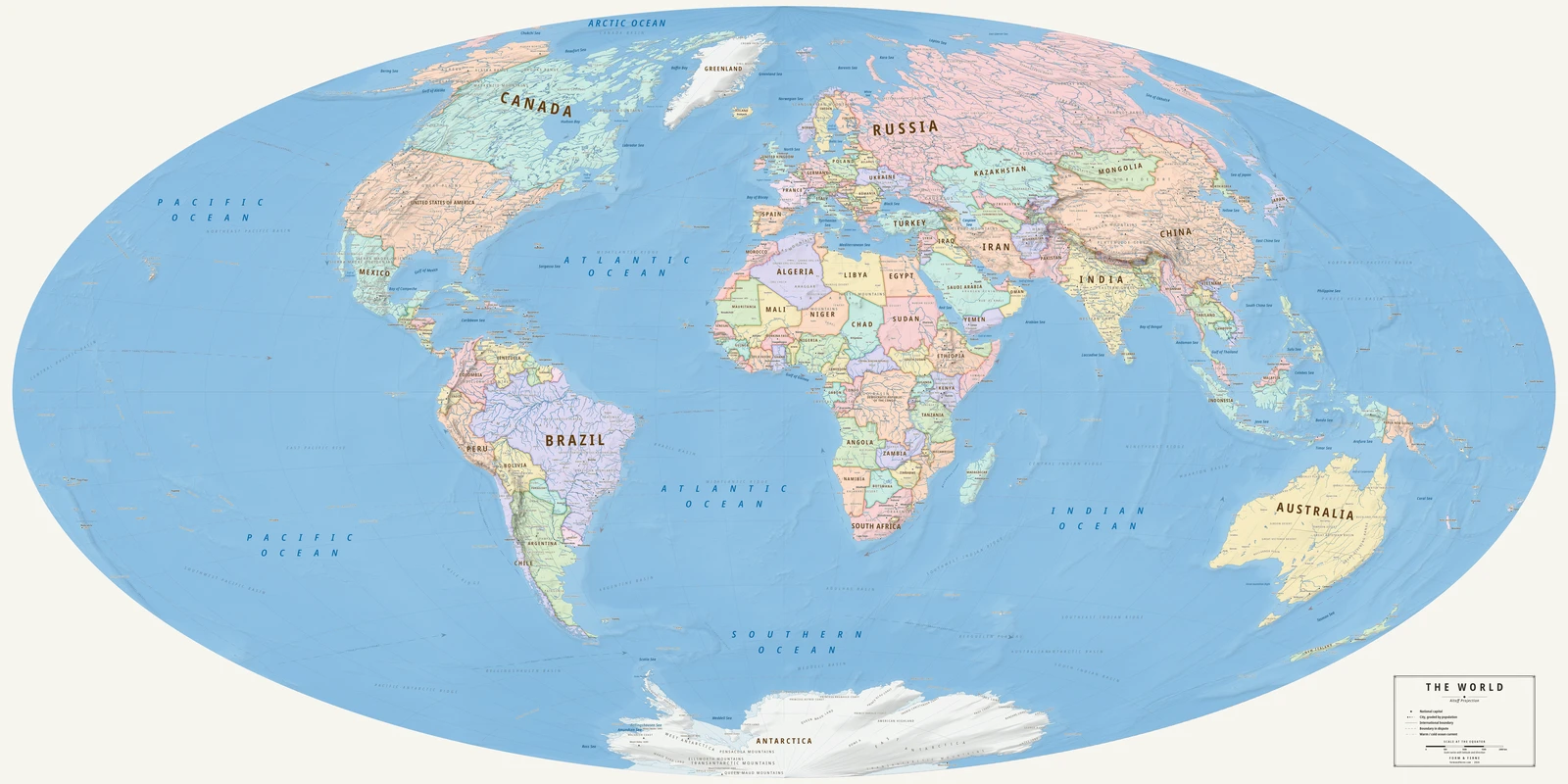 Aitoff projection world map, a balance struck between area, shape and distance, Meridian style (Mid-century atlas), with all place names in English
