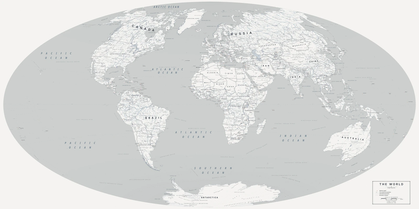 Aitoff projection world map, a balance struck between area, shape and distance, Nordic style (Architectural minimalist), with all place names in English