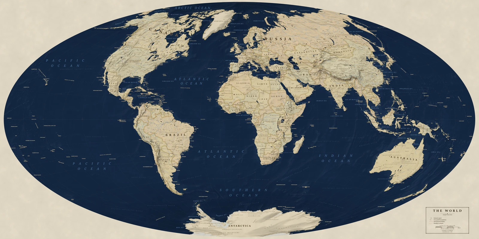 Aitoff projection world map, a balance struck between area, shape and distance, Regency style (Navy sea, ochre and parchment), with all place names in English