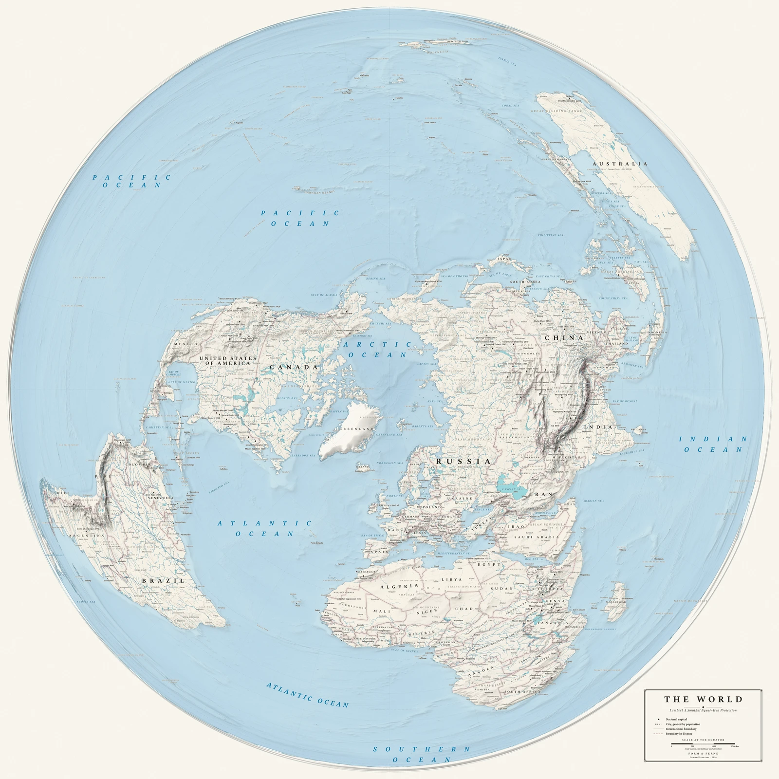 Lambert azimuthal equal-area projection world map, every country its true size, Alpin style (Swiss topographic relief), with all place names in English