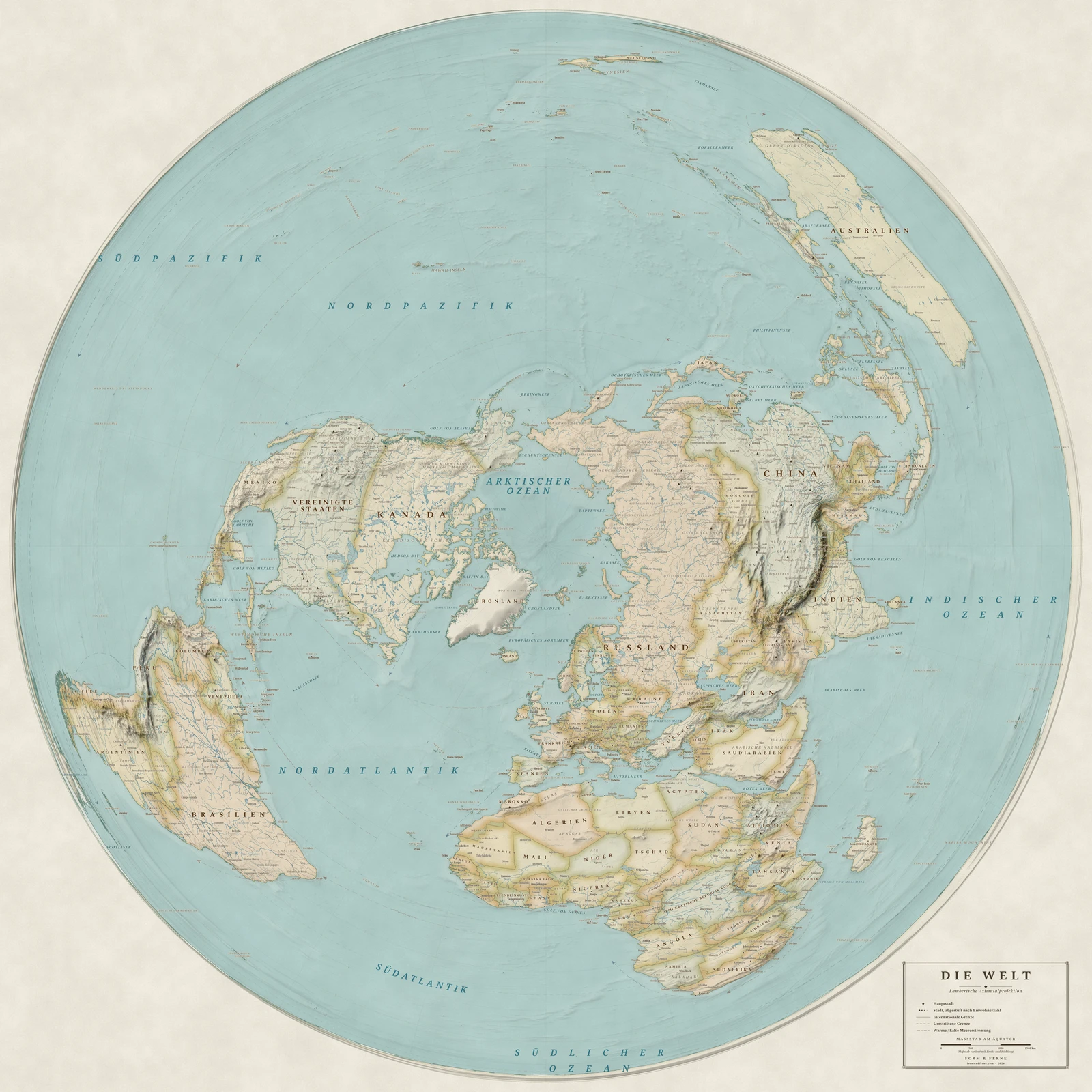 Weltkarte in der flächentreuen Lambert-Azimutal-Projektion (jedes Land in seiner wahren Größe), Stil Heirloom (antik, handkoloriert), alle Ortsnamen auf Deutsch