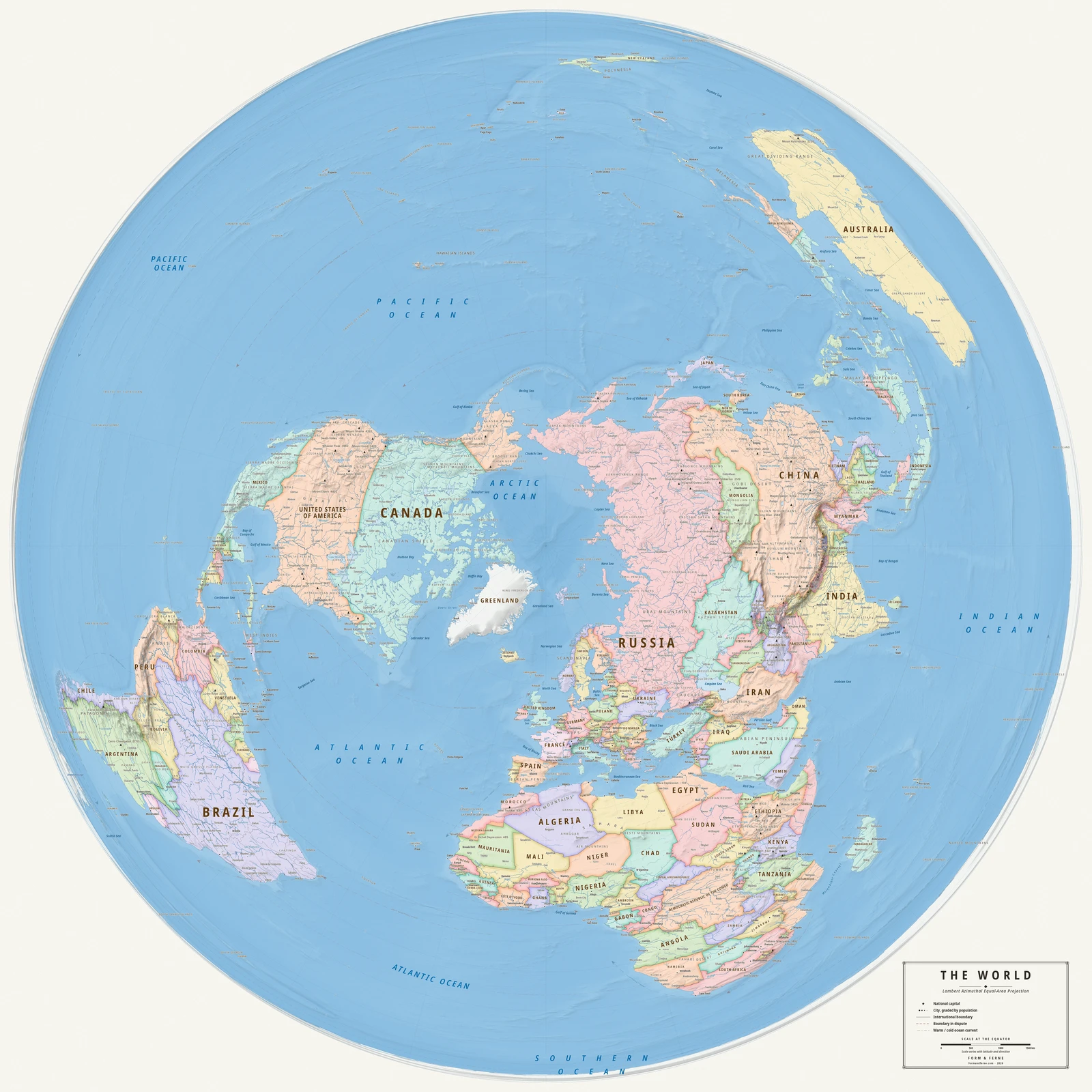 Lambert azimuthal equal-area projection world map, every country its true size, Meridian style (Mid-century atlas), with all place names in English