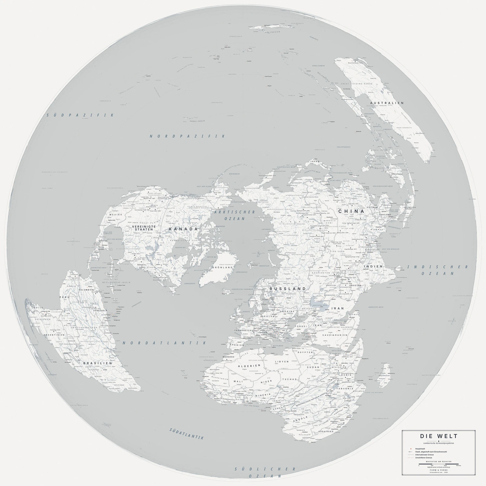 Weltkarte in der flächentreuen Lambert-Azimutal-Projektion (jedes Land in seiner wahren Größe), Stil Nordic (architektonisch-minimalistisch), alle Ortsnamen auf Deutsch