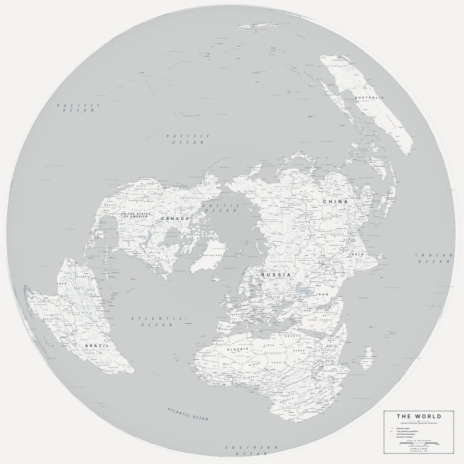 Lambert azimuthal equal-area projection world map, every country its true size, Nordic style (Architectural minimalist), with all place names in English