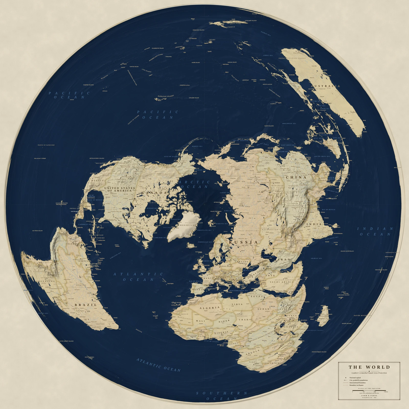 Lambert azimuthal equal-area projection world map, every country its true size, Regency style (Navy sea, ochre and parchment), with all place names in English