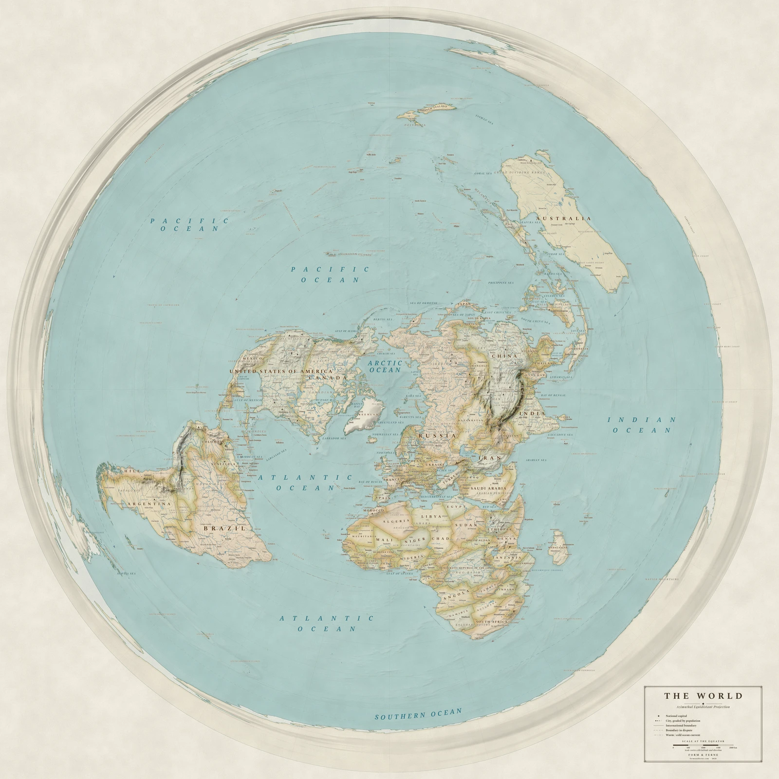 Azimuthal equidistant projection world map, true distances from the centre, Heirloom style (Antique, hand-coloured look), with all place names in English