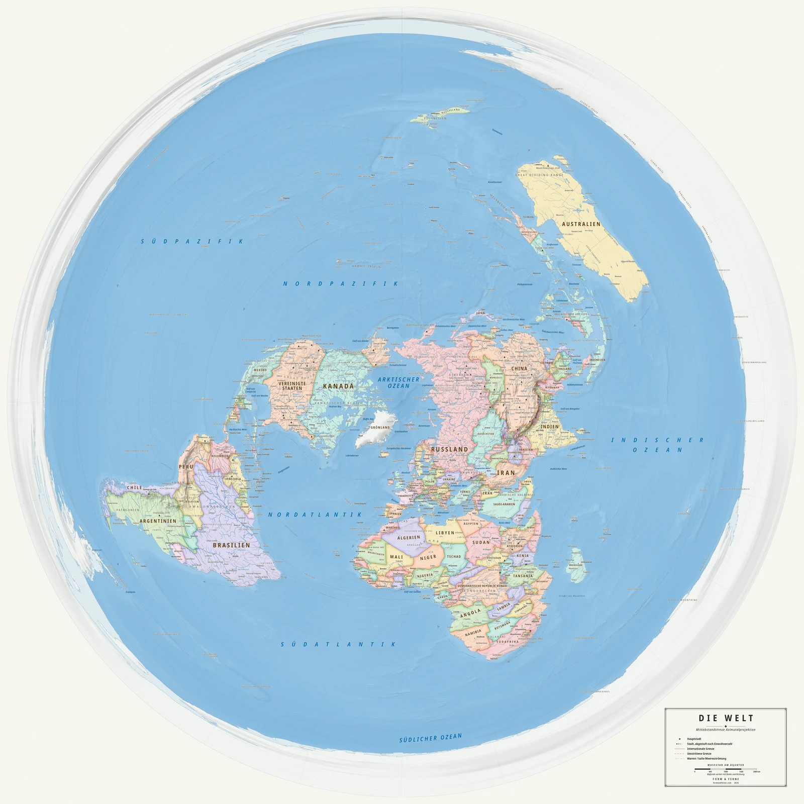 Weltkarte in der mittabstandstreuen Azimutal-Projektion (wahre Entfernungen vom Mittelpunkt), Stil Meridian (moderner Atlas), alle Ortsnamen auf Deutsch