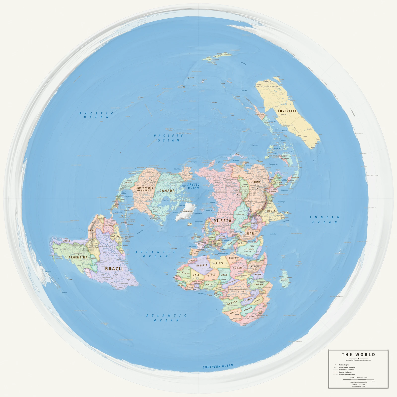 Azimuthal equidistant projection world map, true distances from the centre, Meridian style (Mid-century atlas), with all place names in English