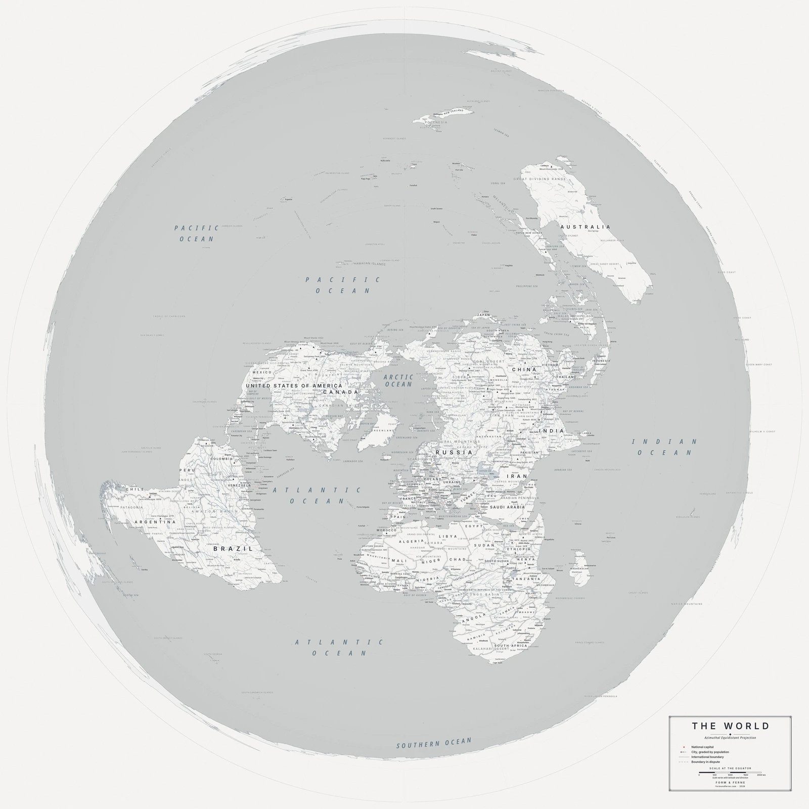 Azimuthal equidistant projection world map, true distances from the centre, Nordic style (Architectural minimalist), with all place names in English