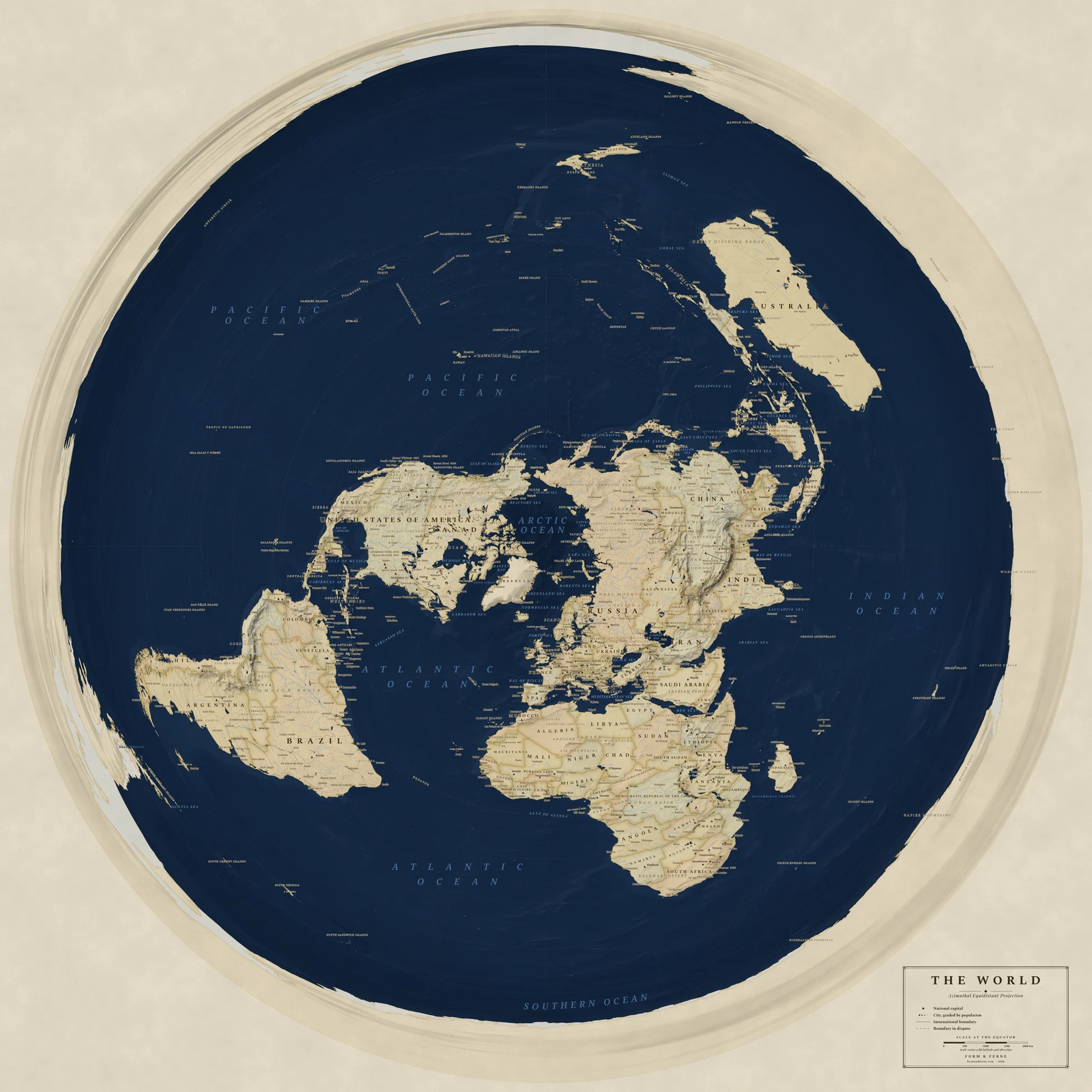 Azimuthal equidistant projection world map, true distances from the centre, Regency style (Navy sea, ochre and parchment), with all place names in English