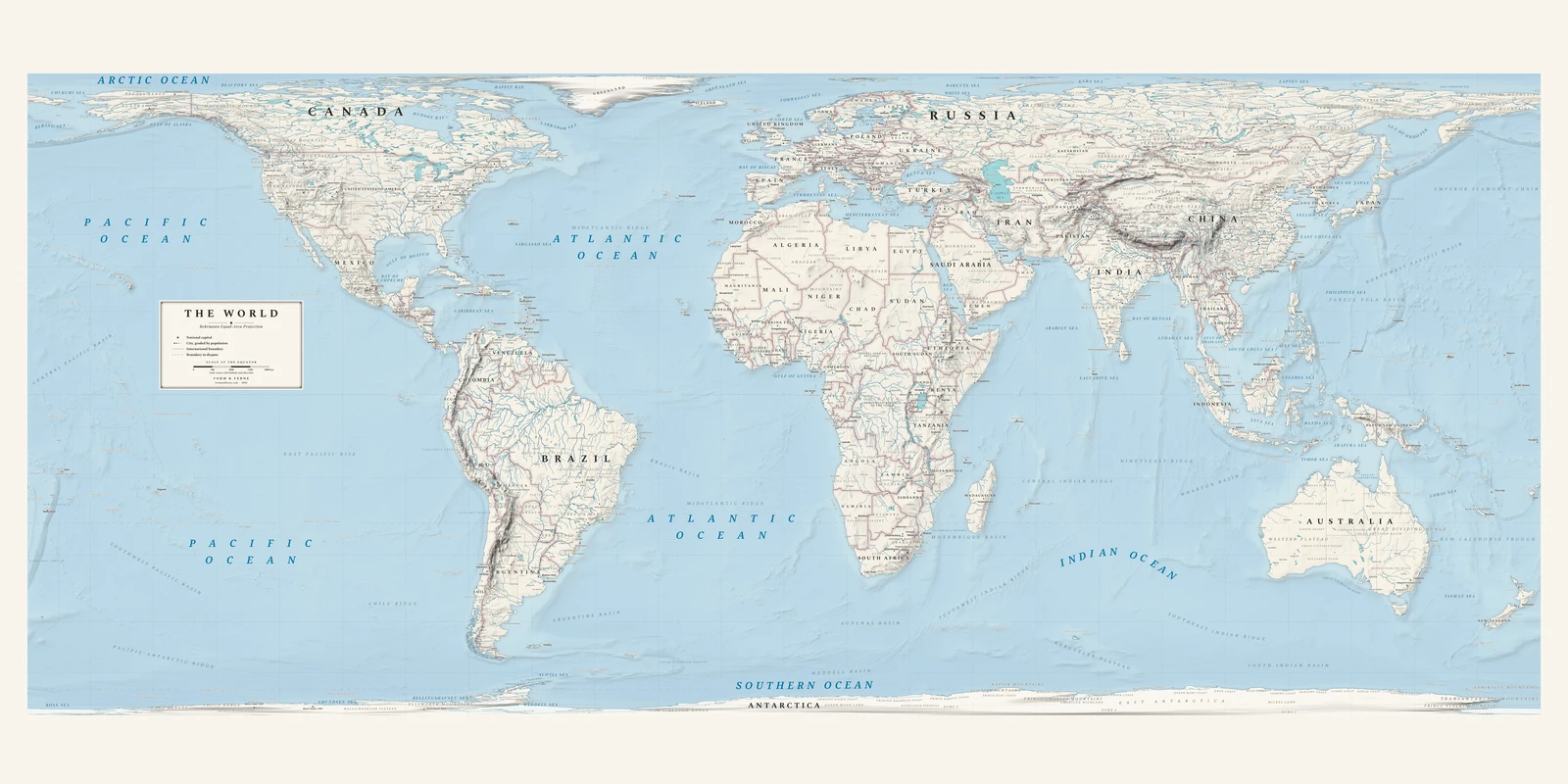 Behrmann projection world map, every country its true size, Alpin style (Swiss topographic relief), with all place names in English