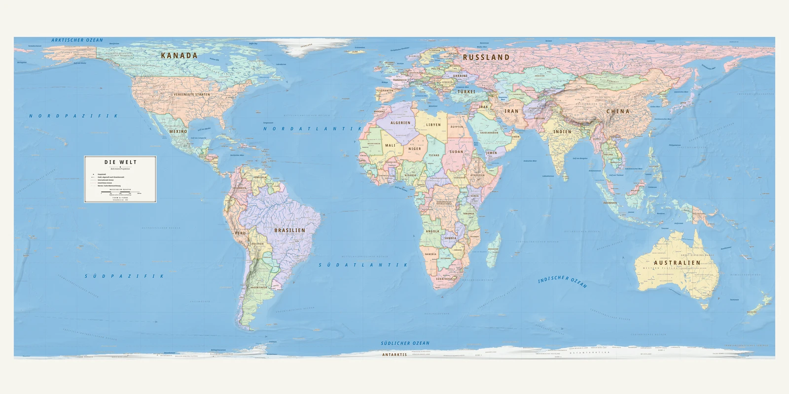 Weltkarte in der Behrmann-Projektion (jedes Land in seiner wahren Größe), Stil Meridian (moderner Atlas), alle Ortsnamen auf Deutsch