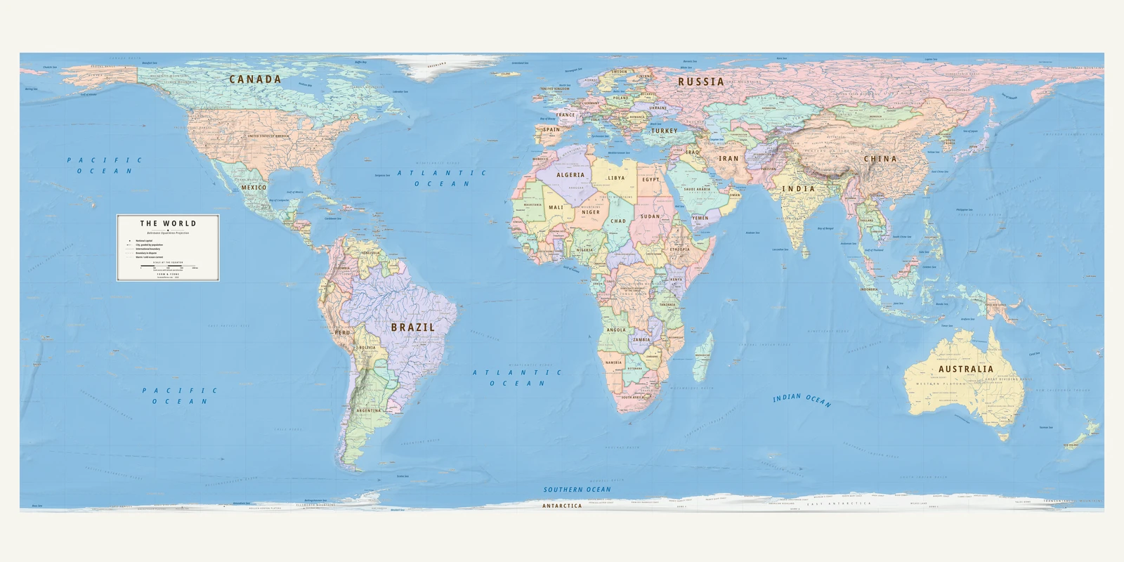 Behrmann projection world map, every country its true size, Meridian style (Mid-century atlas), with all place names in English