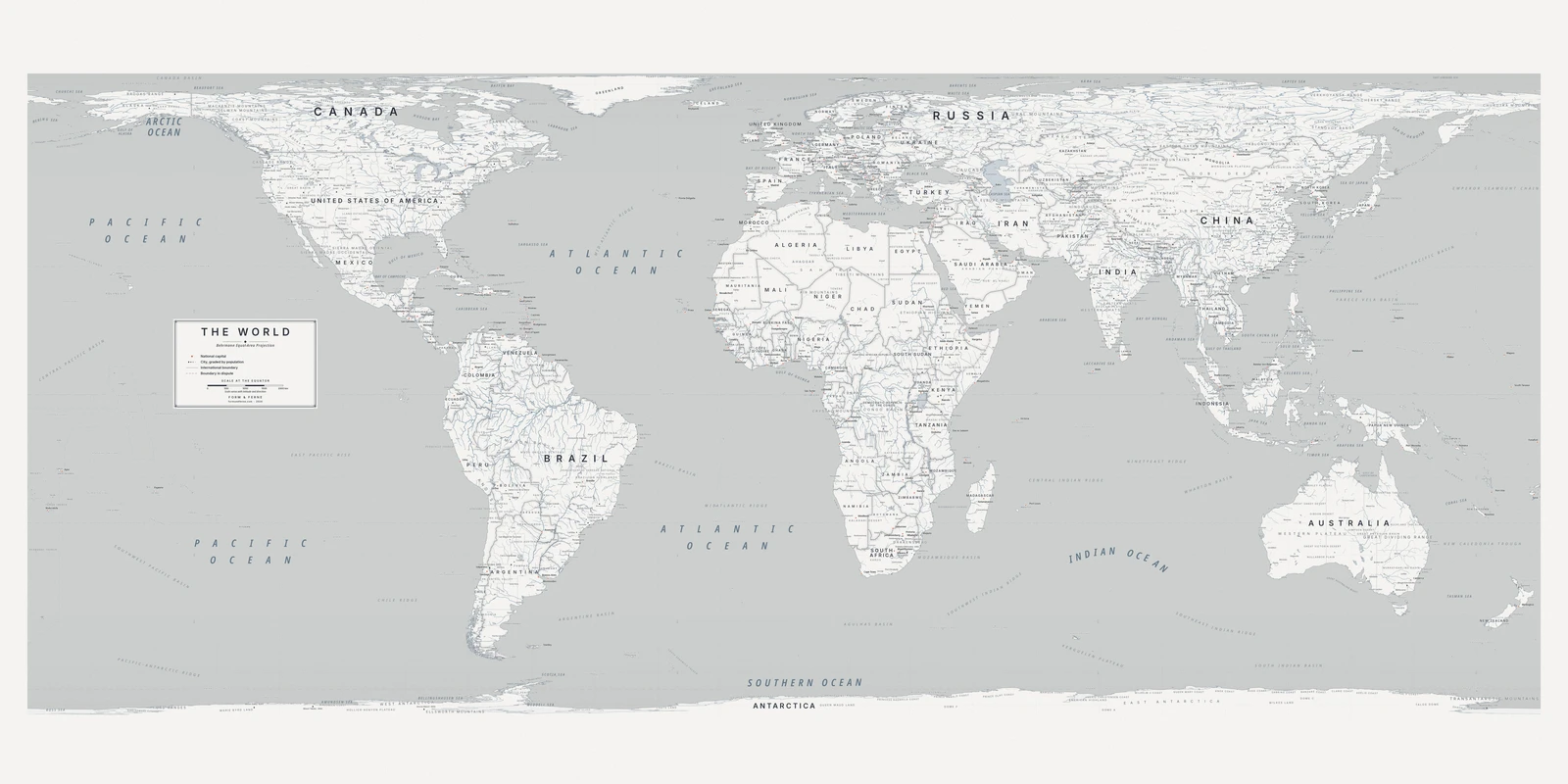 Behrmann projection world map, every country its true size, Nordic style (Architectural minimalist), with all place names in English