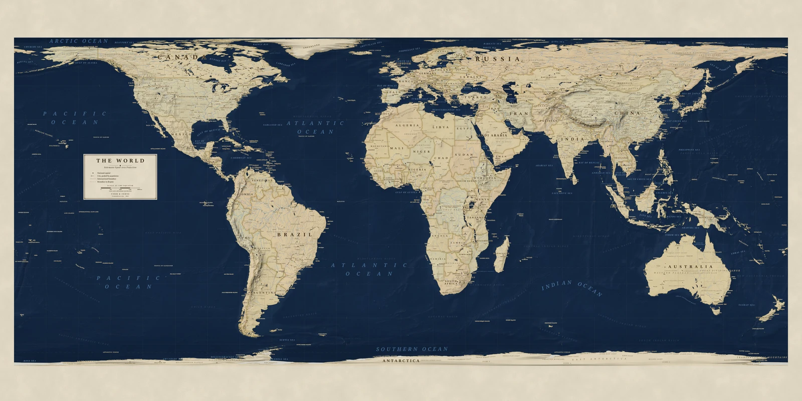 Behrmann projection world map, every country its true size, Regency style (Navy sea, ochre and parchment), with all place names in English