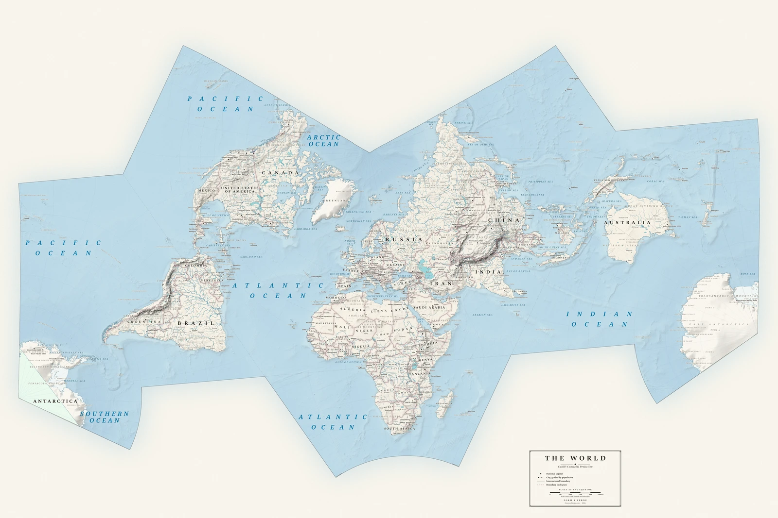 Cahill–Concialdi projection world map, a balance struck between area, shape and distance, Alpin style (Swiss topographic relief), with all place names in English