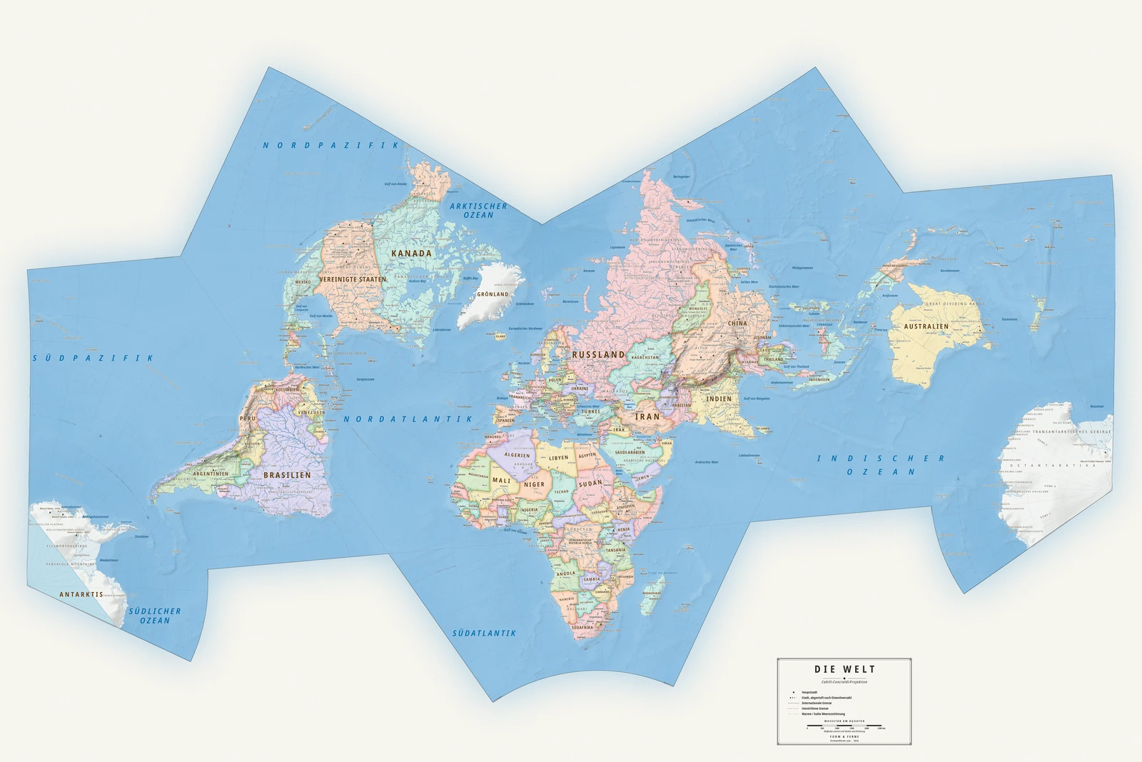 Weltkarte in der Cahill–Concialdi-Projektion (ein Ausgleich zwischen Fläche, Form und Entfernung), Stil Meridian (moderner Atlas), alle Ortsnamen auf Deutsch