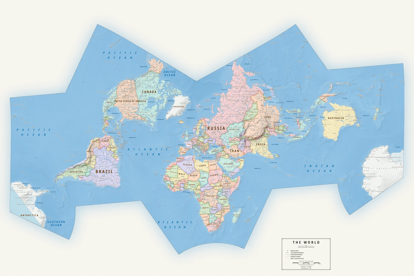 Cahill–Concialdi projection world map, a balance struck between area, shape and distance, Meridian style (Mid-century atlas), with all place names in English