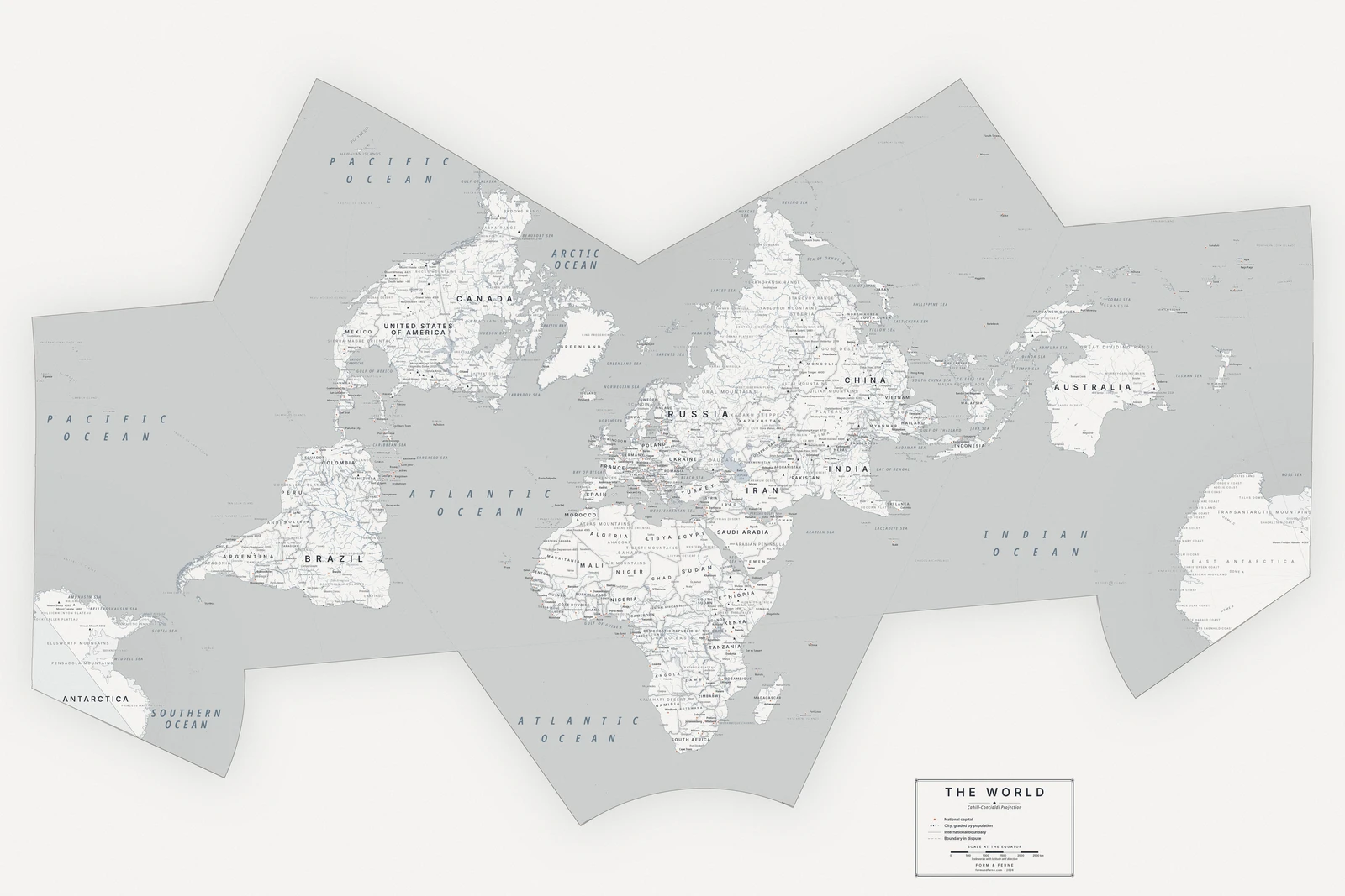 Cahill–Concialdi projection world map, a balance struck between area, shape and distance, Nordic style (Architectural minimalist), with all place names in English