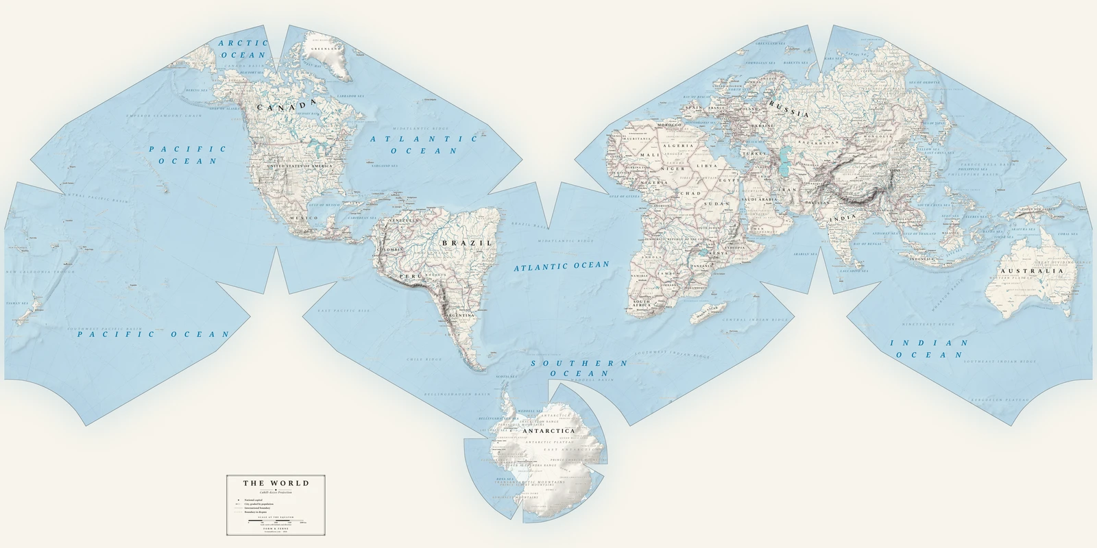 Cahill–Keyes projection world map, a balance struck between area, shape and distance, Alpin style (Swiss topographic relief), with all place names in English