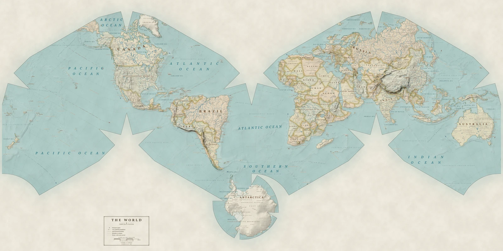 Cahill–Keyes projection world map, a balance struck between area, shape and distance, Heirloom style (Antique, hand-coloured look), with all place names in English
