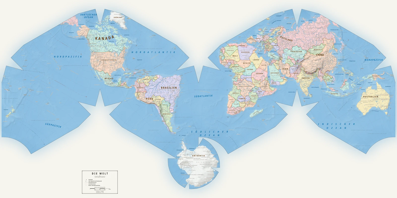 Weltkarte in der Cahill–Keyes-Projektion (ein Ausgleich zwischen Fläche, Form und Entfernung), Stil Meridian (moderner Atlas), alle Ortsnamen auf Deutsch