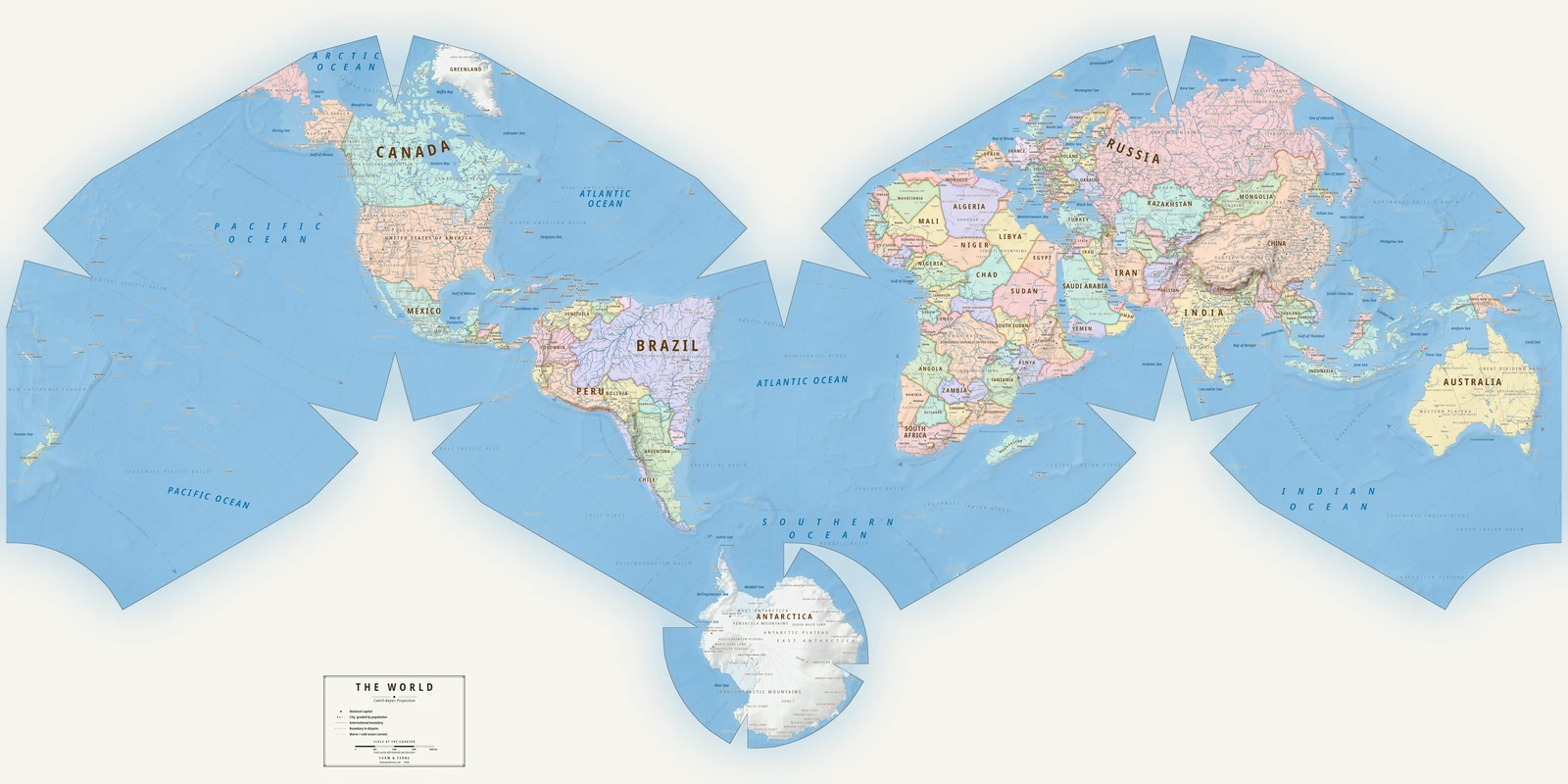Cahill–Keyes projection world map, a balance struck between area, shape and distance, Meridian style (Mid-century atlas), with all place names in English