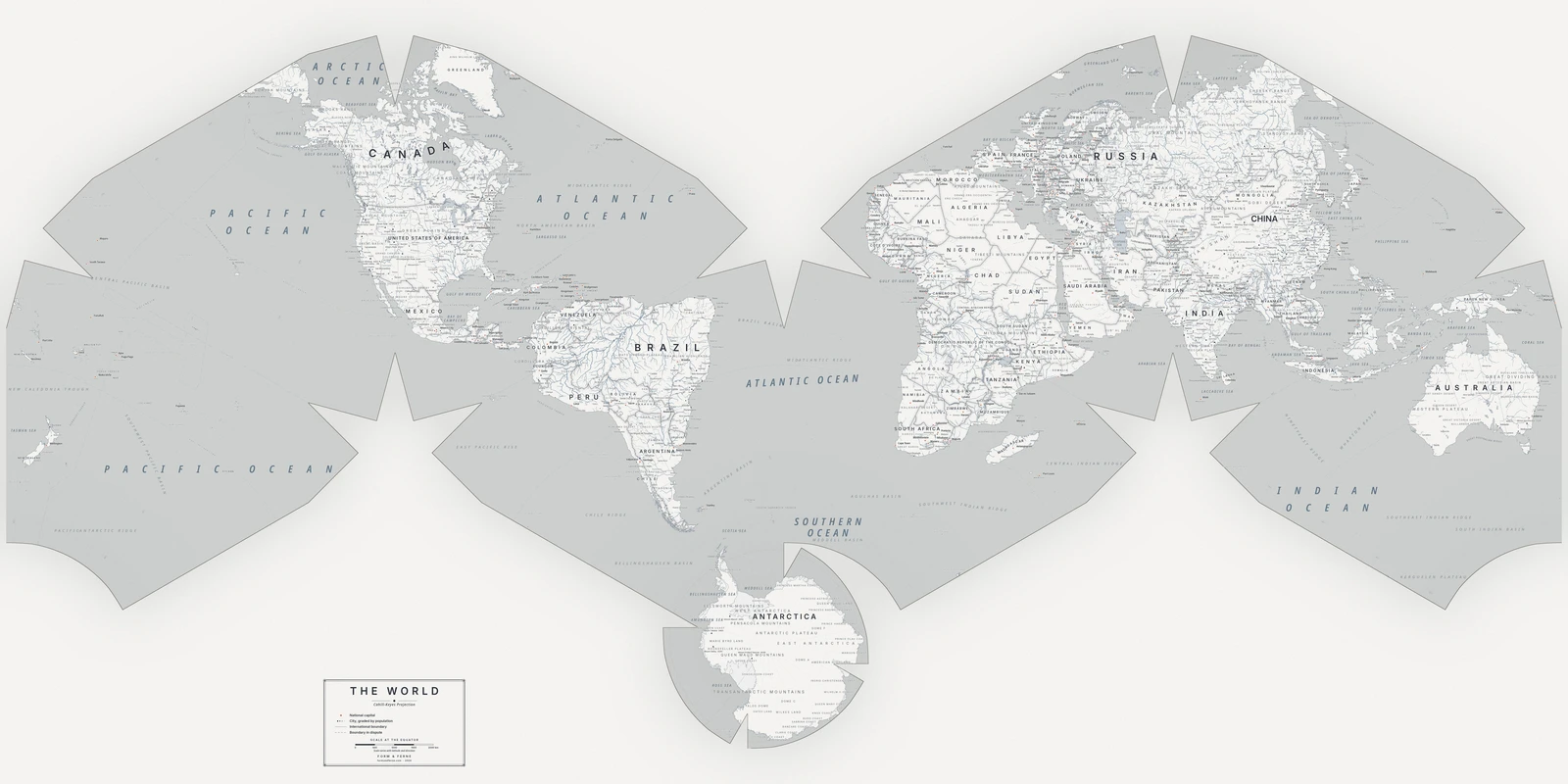Cahill–Keyes projection world map, a balance struck between area, shape and distance, Nordic style (Architectural minimalist), with all place names in English
