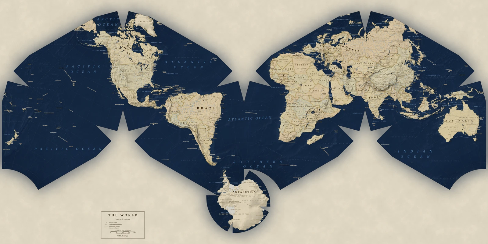 Cahill–Keyes projection world map, a balance struck between area, shape and distance, Regency style (Navy sea, ochre and parchment), with all place names in English