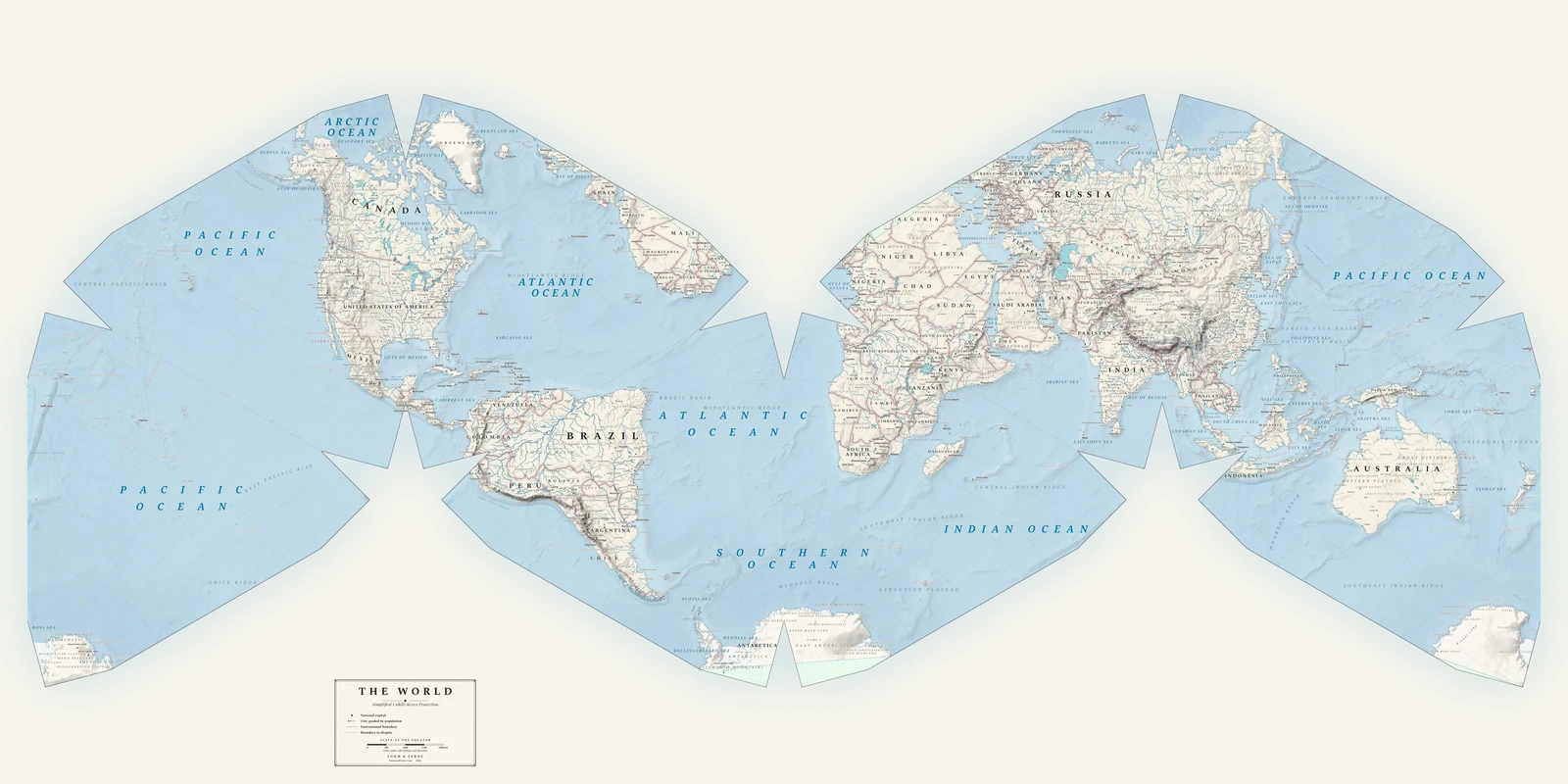 Cahill–Keyes (simplified) projection world map, a balance struck between area, shape and distance, Alpin style (Swiss topographic relief), with all place names in English