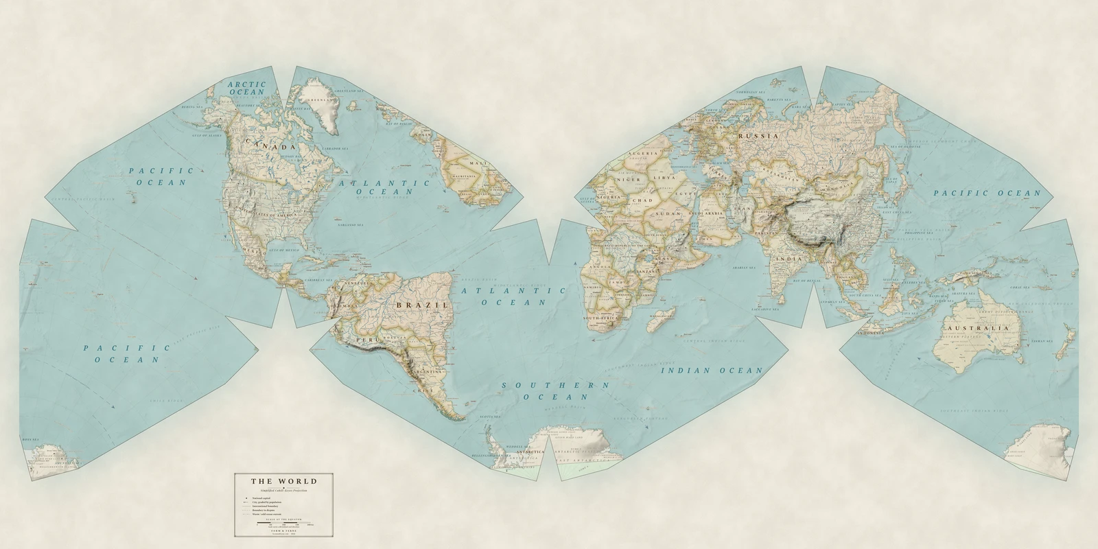 Cahill–Keyes (simplified) projection world map, a balance struck between area, shape and distance, Heirloom style (Antique, hand-coloured look), with all place names in English