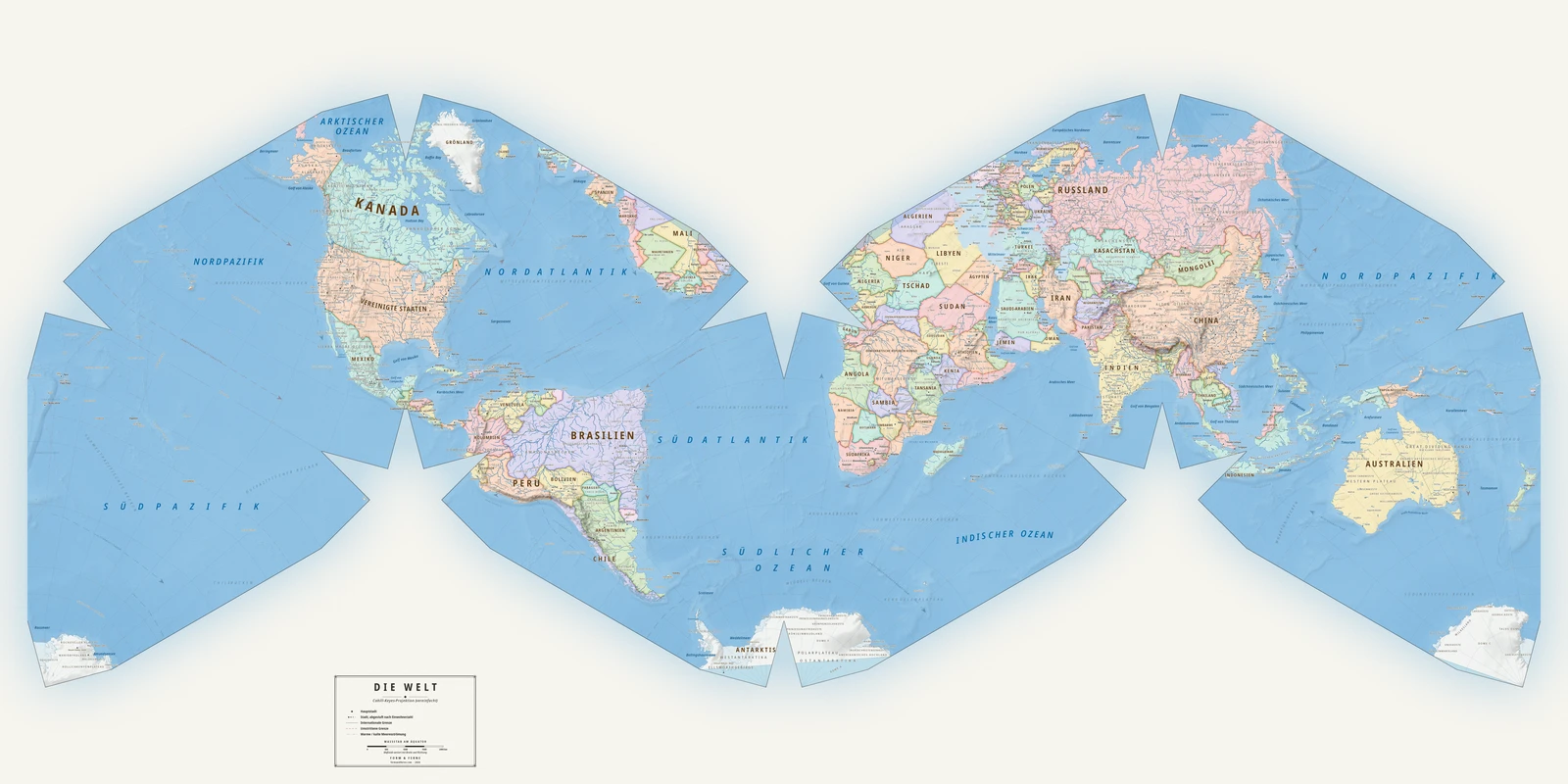 Weltkarte in der vereinfachten Cahill–Keyes-Projektion (ein Ausgleich zwischen Fläche, Form und Entfernung), Stil Meridian (moderner Atlas), alle Ortsnamen auf Deutsch