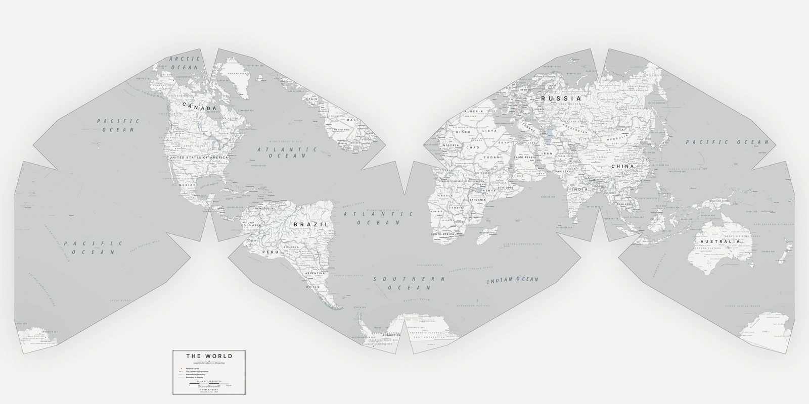 Cahill–Keyes (simplified) projection world map, a balance struck between area, shape and distance, Nordic style (Architectural minimalist), with all place names in English