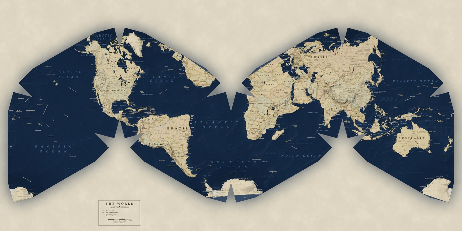 Cahill–Keyes (simplified) projection world map, a balance struck between area, shape and distance, Regency style (Navy sea, ochre and parchment), with all place names in English