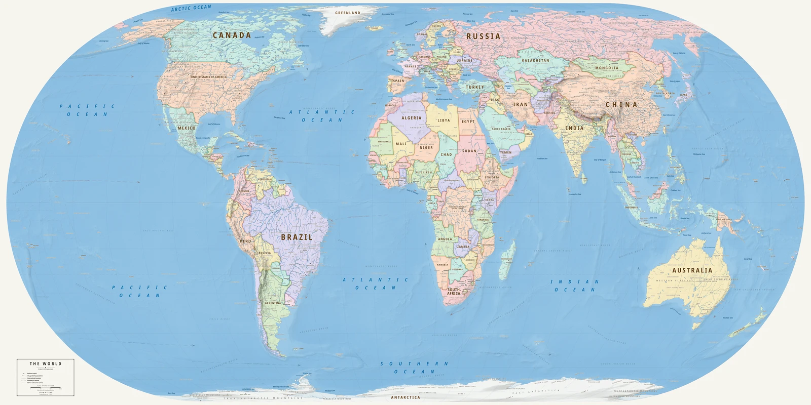 Eckert IV projection world map, every country its true size, Meridian style (Mid-century atlas), with all place names in English