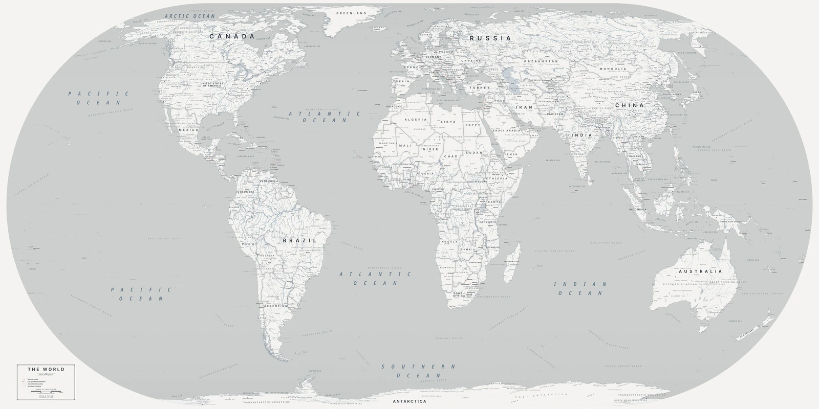 Eckert IV projection world map, every country its true size, Nordic style (Architectural minimalist), with all place names in English