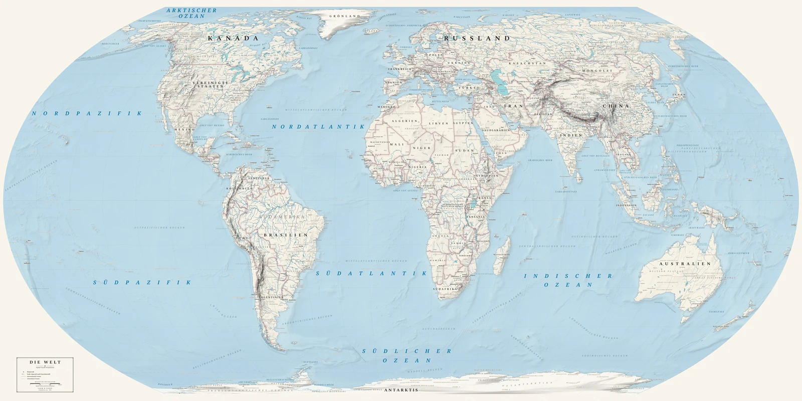 Weltkarte in der Equal Earth-Projektion (jedes Land in seiner wahren Größe), Stil Alpin (Schweizer Schulatlas mit Relief), alle Ortsnamen auf Deutsch