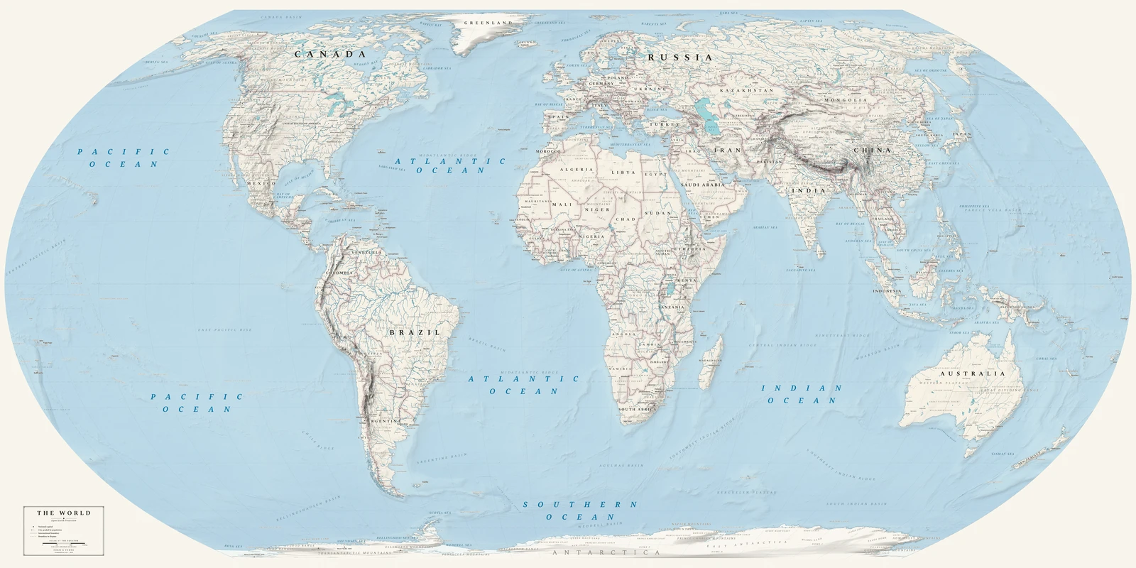 Equal Earth projection world map, every country its true size, Alpin style (Swiss topographic relief), with all place names in English
