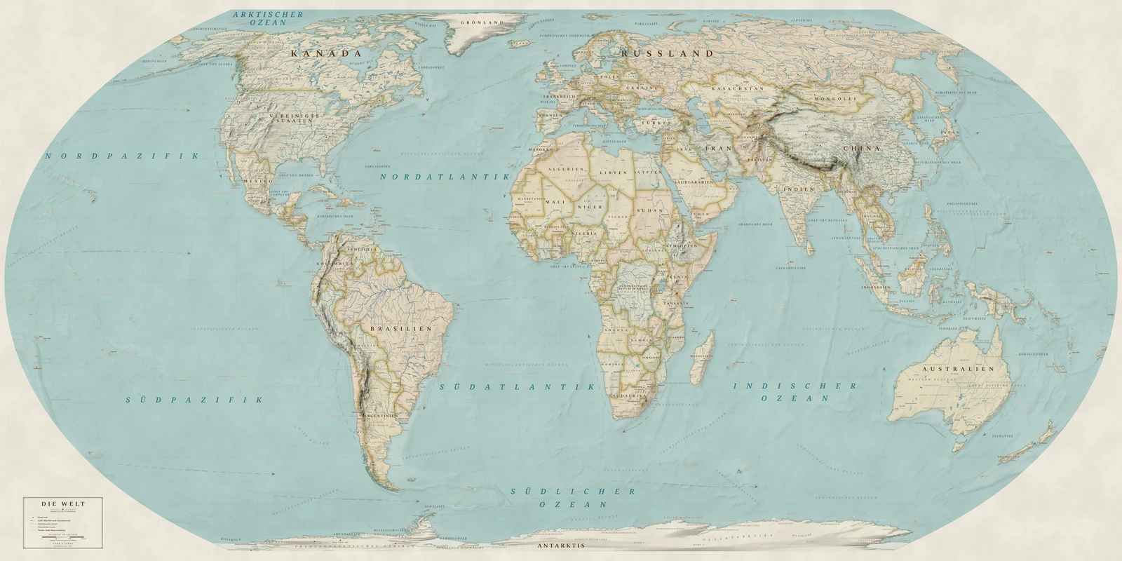 Weltkarte in der Equal Earth-Projektion (jedes Land in seiner wahren Größe), Stil Heirloom (antik, handkoloriert), alle Ortsnamen auf Deutsch