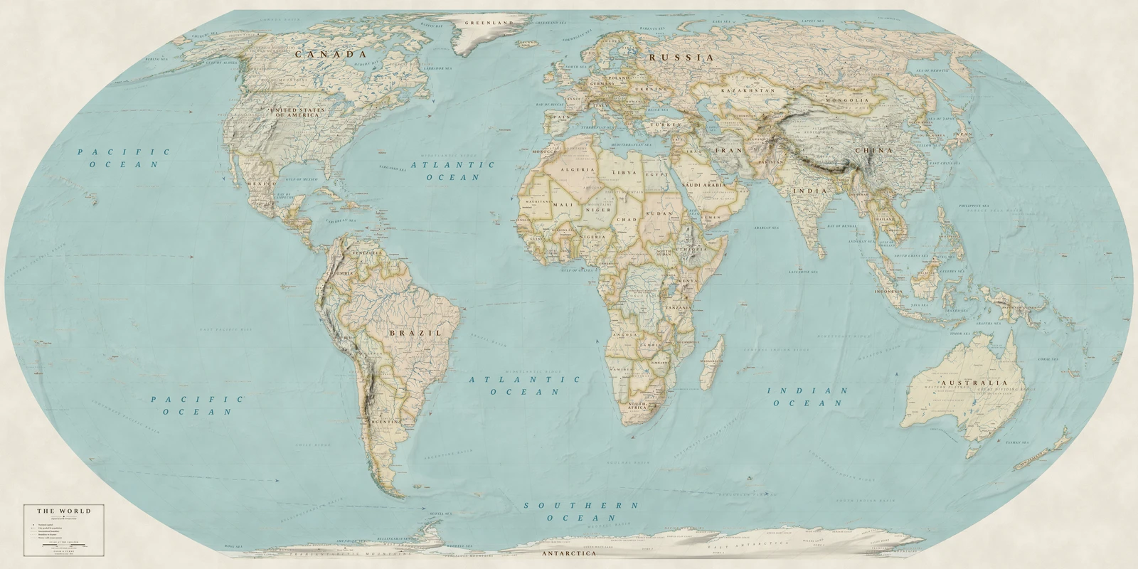 Equal Earth projection world map, every country its true size, Heirloom style (Antique, hand-coloured look), with all place names in English