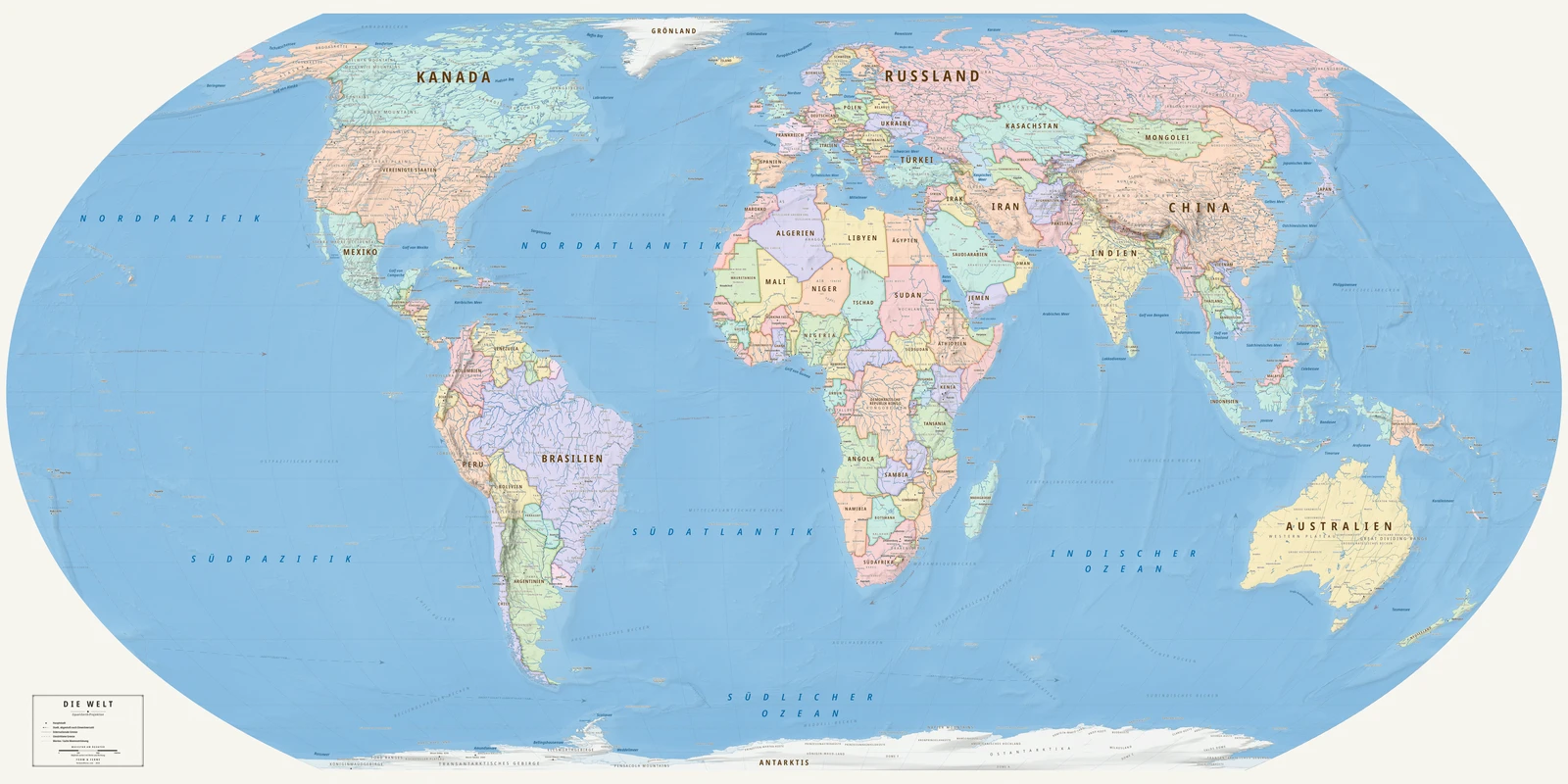 Weltkarte in der Equal Earth-Projektion (jedes Land in seiner wahren Größe), Stil Meridian (moderner Atlas), alle Ortsnamen auf Deutsch