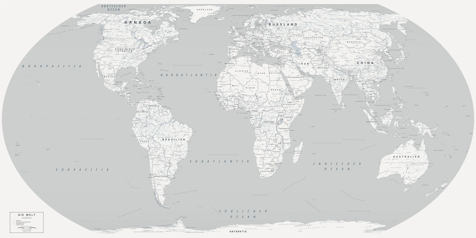 Weltkarte in der Equal Earth-Projektion (jedes Land in seiner wahren Größe), Stil Nordic (architektonisch-minimalistisch), alle Ortsnamen auf Deutsch