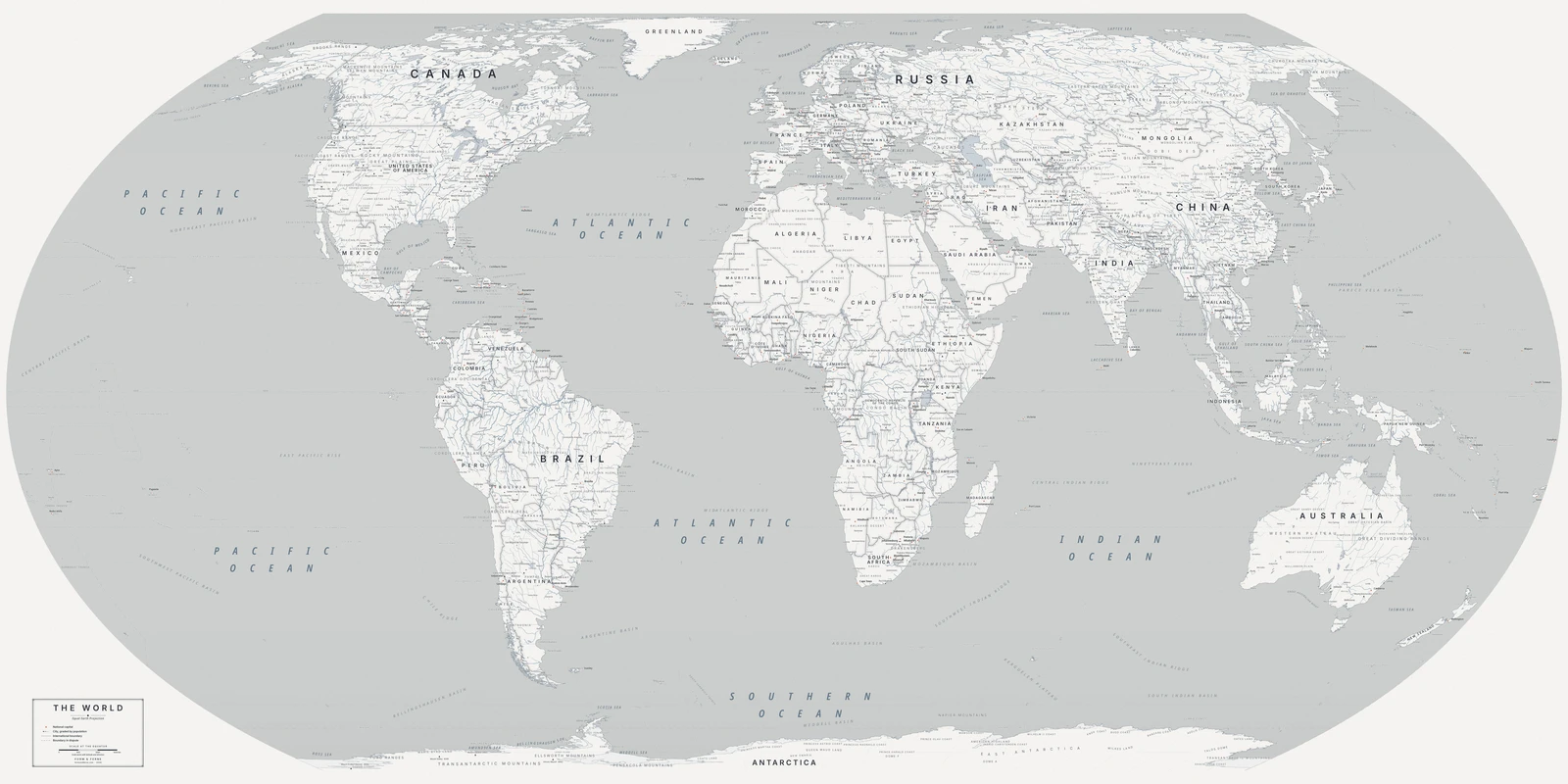 Equal Earth projection world map, every country its true size, Nordic style (Architectural minimalist), with all place names in English