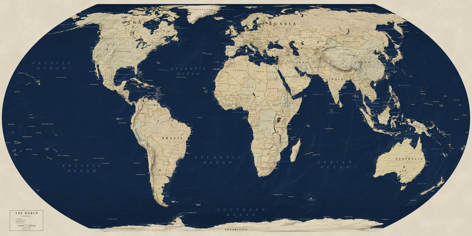 Equal Earth projection world map, every country its true size, Regency style (Navy sea, ochre and parchment), with all place names in English