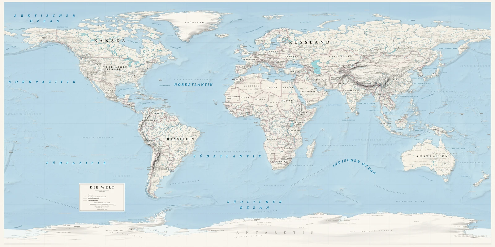 Weltkarte in der Equirectangular-Projektion (ein Ausgleich zwischen Fläche, Form und Entfernung), Stil Alpin (Schweizer Schulatlas mit Relief), alle Ortsnamen auf Deutsch