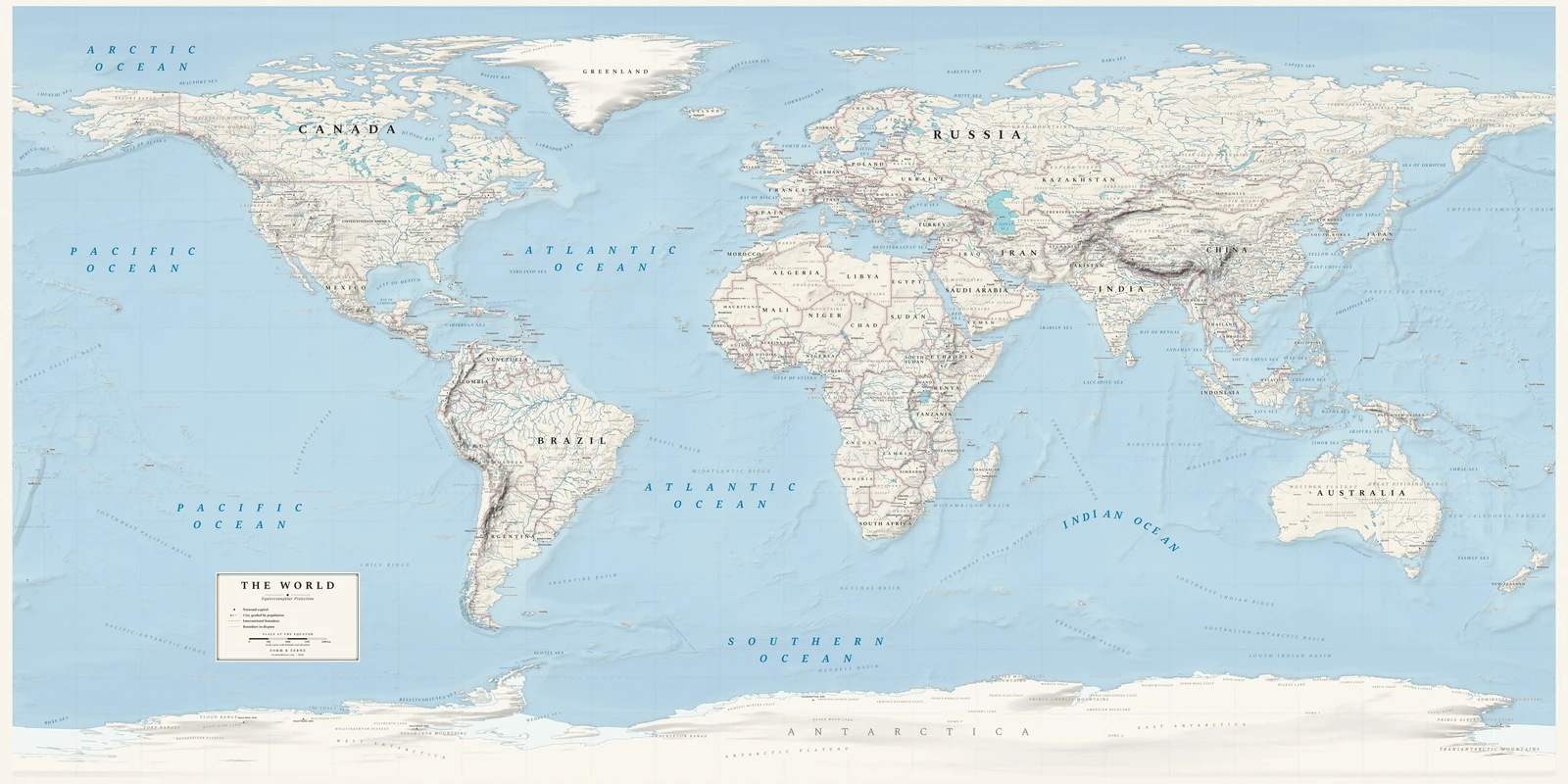 Equirectangular projection world map, a balance struck between area, shape and distance, Alpin style (Swiss topographic relief), with all place names in English