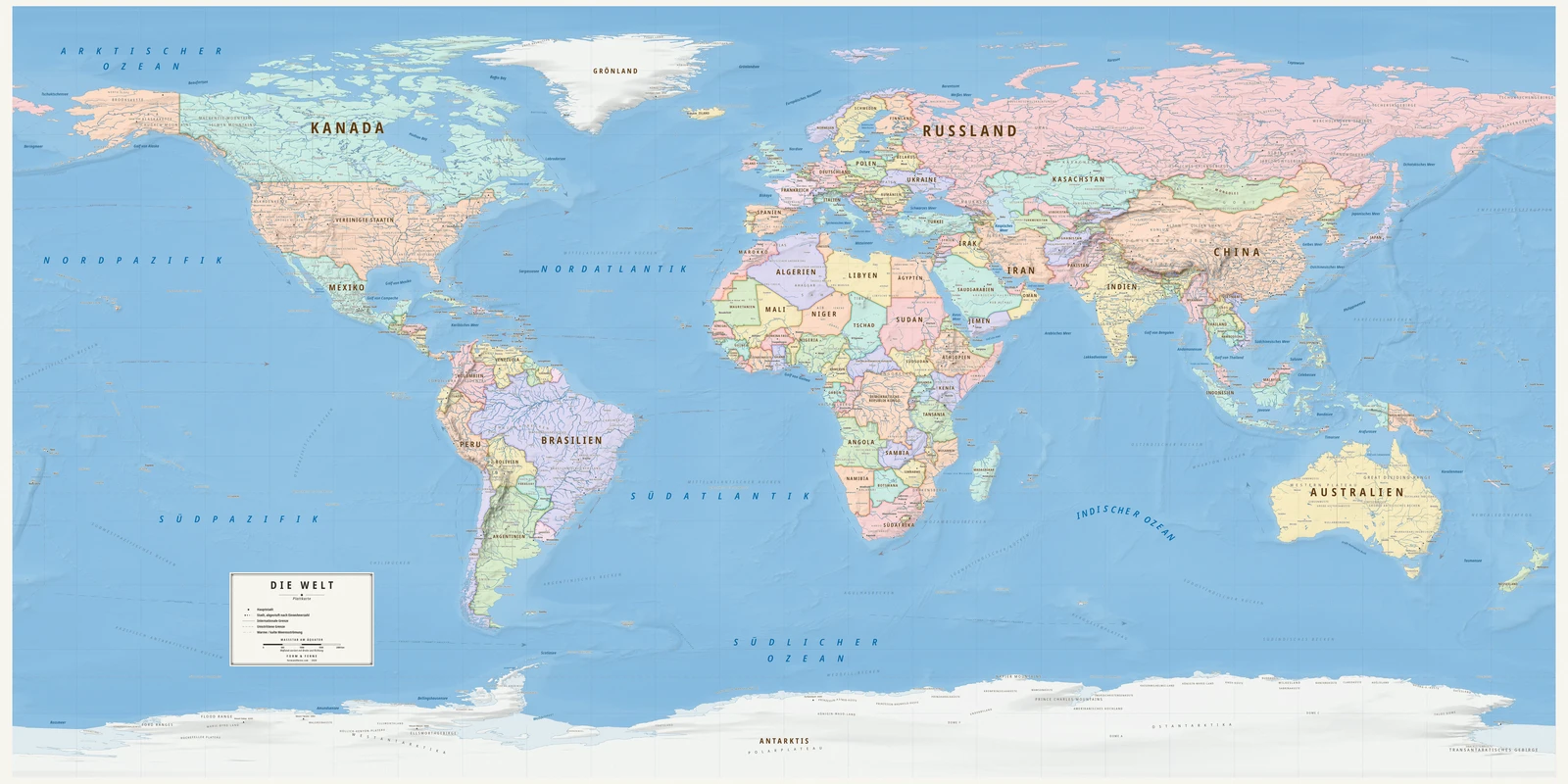 Weltkarte in der Equirectangular-Projektion (ein Ausgleich zwischen Fläche, Form und Entfernung), Stil Meridian (moderner Atlas), alle Ortsnamen auf Deutsch