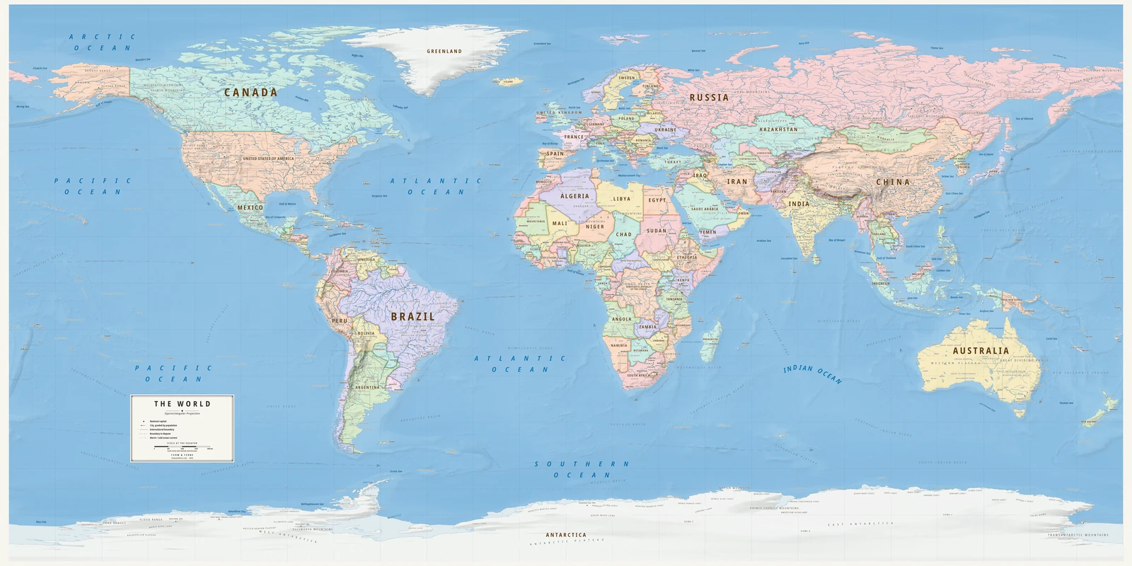 Equirectangular projection world map, a balance struck between area, shape and distance, Meridian style (Mid-century atlas), with all place names in English